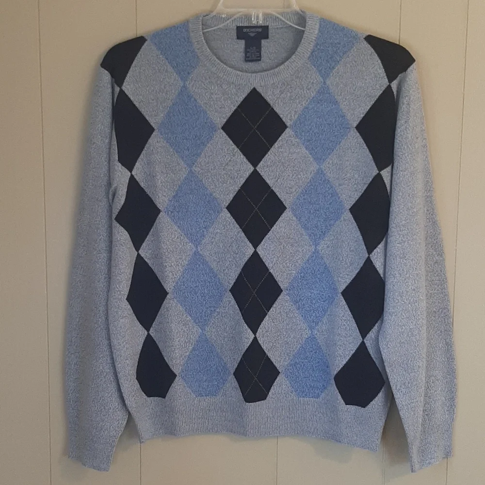 Dockers Men's Size L Light Gray and Blue Argyle Crewneck Sweater